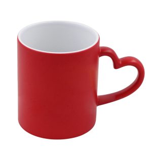 Kubek Magiczny Czerwony Matowy z Uchwytem w Kształcie Serca do Sublimacji 330 ml