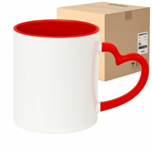 Kubek biały z czerwonym wnętrzem i uchwytem w kształcie serca do sublimacji 330 ml Karton 36 Sztuk