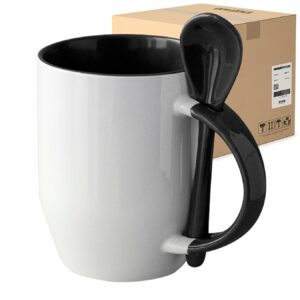 Kubek biały z czarnym wnętrzem, uszkiem i łyżeczką do sublimacji 350 ml Karton 36 Sztuk