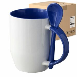 Kubek biały z niebieskim wnętrzem, uszkiem i łyżeczką do sublimacji 350 ml Karton 36 Sztuk