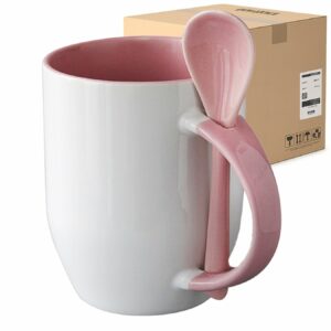 Kubek biały z różowym wnętrzem, uszkiem i łyżeczką do sublimacji 350 ml Karton 36 Sztuk