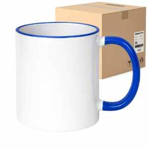 Kubek biały z niebieskim rantem i uchwytem do sublimacji 330 ml Karton 36 Sztuk