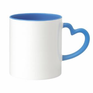 Kubek biały z niebieskim wnętrzem i uchwytem w kształcie serca do sublimacji 330 ml