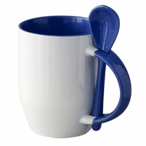Kubek biały z niebieskim wnętrzem, uszkiem i łyżeczką do sublimacji 350 ml