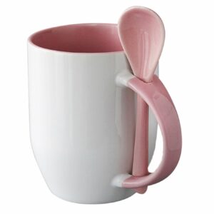 Kubek biały z różowym wnętrzem, uszkiem i łyżeczką do sublimacji 350 ml