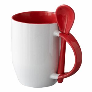 kubek biały z czerwonym wnętrzem, uszkiem i łyżeczką do sublimacji 350 ml
