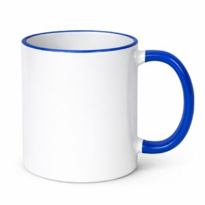 Kubek biały z niebieskim rantem i uchwytem do sublimacji 330 ml